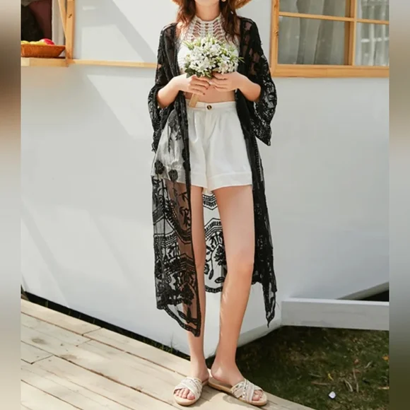 New Beautiful Vintage Look Floral Lace Kimono Duster Cover Up Black